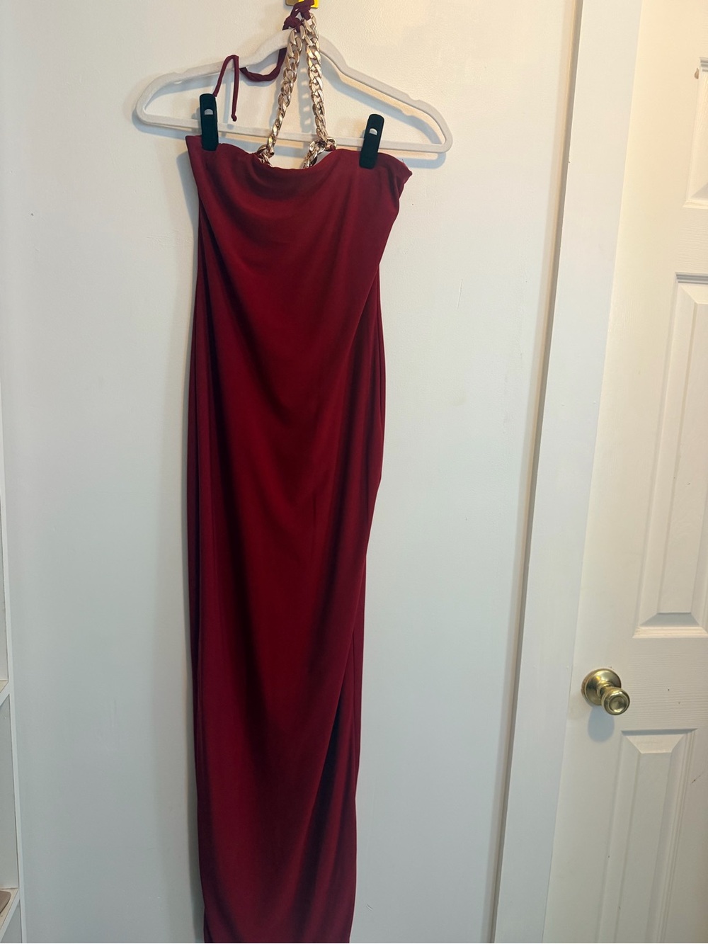 Fashion Nova Burgundy Strapless Maxi Dress with Gold Chain